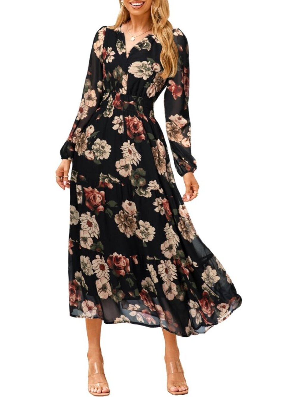 Women's Black Orange Floral Boho V Neck Long Sleeve Wedding Guest Maxi Dresses